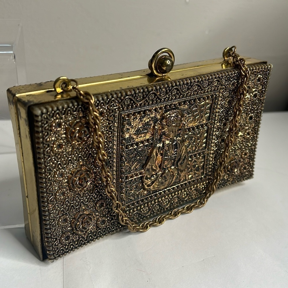 Copper Brass Hand Etched Carved Buddha Handbag Clutch Lined Interior